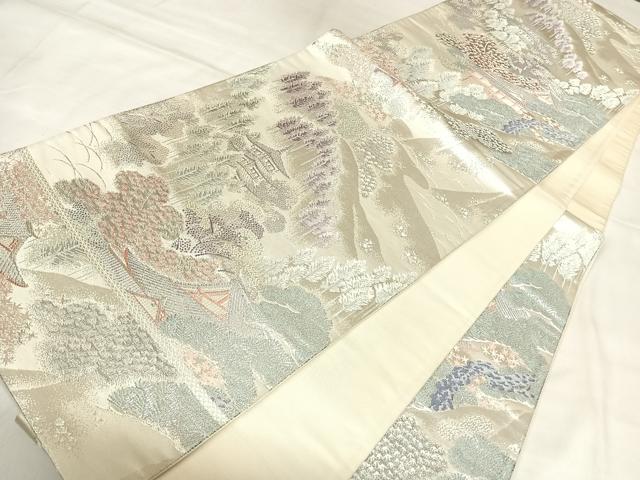 平和屋着物◎六通柄袋帯　唐織　遠山風景文　銀糸　正絹　逸品　AABL6019yx