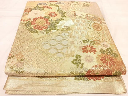 平和屋着物◎佐賀錦　六通柄袋帯　扇面花松文　金糸　正絹　逸品　AABL6031yx