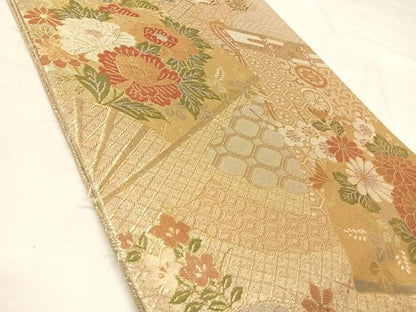 平和屋着物◎佐賀錦　六通柄袋帯　扇面花松文　金糸　正絹　逸品　AABL6031yx
