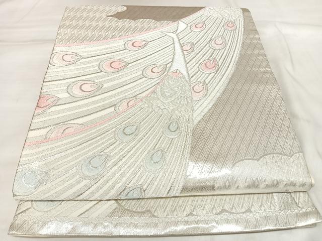 平和屋着物◎六通柄袋帯　唐織　孔雀羽花文　銀糸　正絹　逸品　AABL6034yx