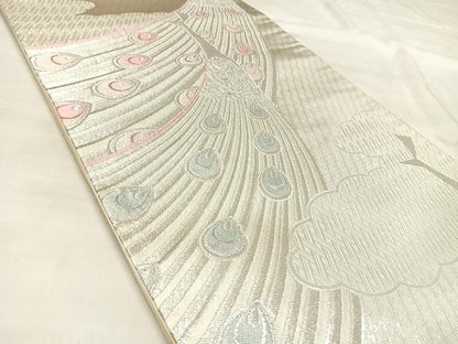 平和屋着物◎六通柄袋帯　唐織　孔雀羽花文　銀糸　正絹　逸品　AABL6034yx