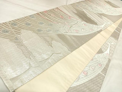 平和屋着物◎六通柄袋帯　唐織　孔雀羽花文　銀糸　正絹　逸品　AABL6034yx