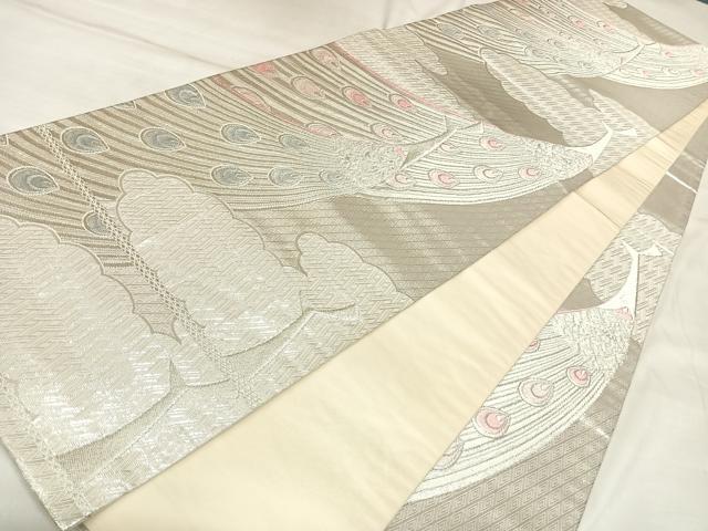 平和屋着物◎六通柄袋帯　唐織　孔雀羽花文　銀糸　正絹　逸品　AABL6034yx