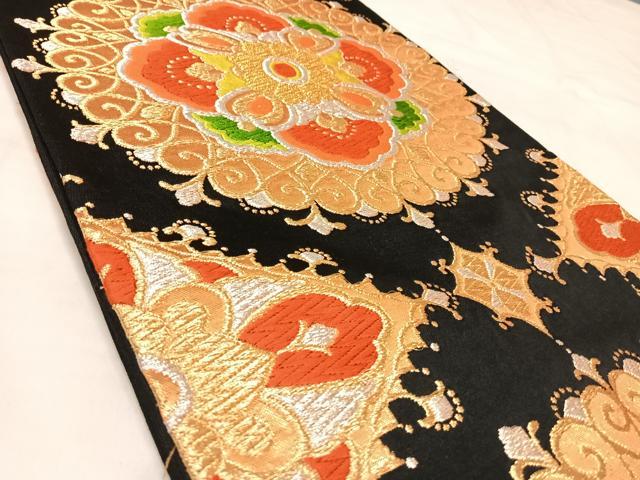平和屋着物◎六通柄袋帯　唐織　正倉院花文　黒地　金銀糸　正絹　逸品　AABL6040yx
