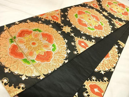 平和屋着物◎六通柄袋帯　唐織　正倉院花文　黒地　金銀糸　正絹　逸品　AABL6040yx