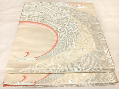 平和屋着物◎六通柄袋帯　唐織　孔雀羽文　銀糸　正絹　逸品　AABL6041yx