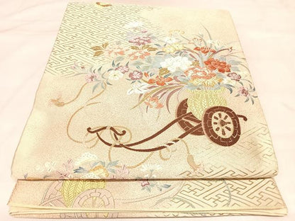 平和屋着物◎六通柄袋帯　唐織　紗綾形花車舞蝶文　金糸　正絹　逸品　AABL6042yx