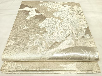 平和屋着物◎六通柄袋帯　唐織　流水花蝶文　銀糸　正絹　逸品　AABL6049yx