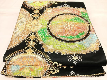 平和屋着物◎六通柄袋帯　正倉院花文　黒地　金銀糸　正絹　逸品　AABL6053yx