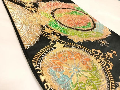 平和屋着物◎六通柄袋帯　正倉院花文　黒地　金銀糸　正絹　逸品　AABL6053yx