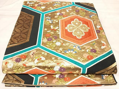 平和屋着物◎六通柄袋帯　唐織　吉祥七宝花蝶文　黒地　金糸　正絹　逸品　AABL6062yx
