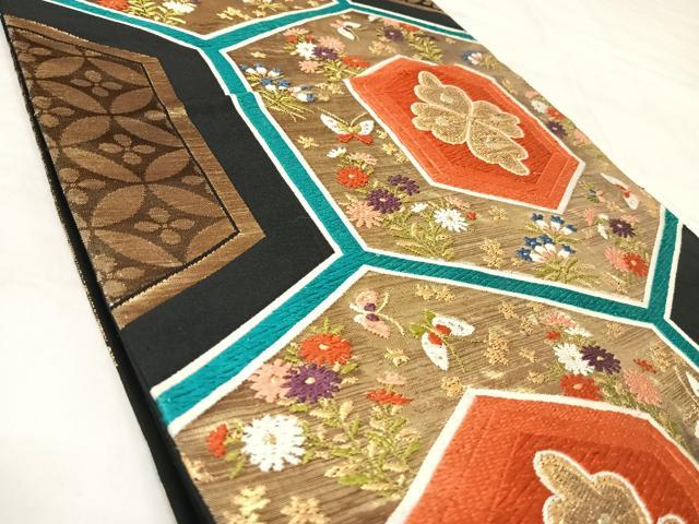 平和屋着物◎六通柄袋帯　唐織　吉祥七宝花蝶文　黒地　金糸　正絹　逸品　AABL6062yx