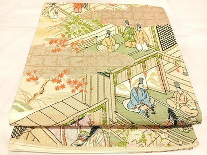 平和屋着物◎六通柄袋帯　人物風景文　金糸　正絹　逸品　AABL6076yx