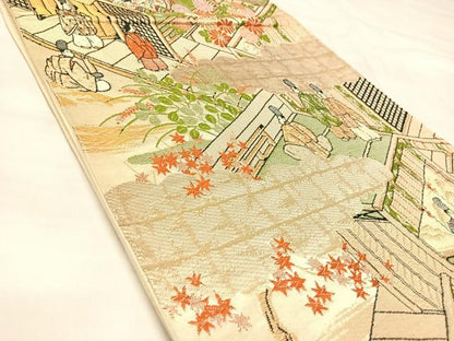 平和屋着物◎六通柄袋帯　人物風景文　金糸　正絹　逸品　AABL6076yx