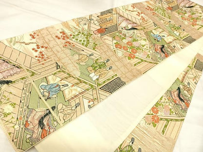 平和屋着物◎六通柄袋帯　人物風景文　金糸　正絹　逸品　AABL6076yx