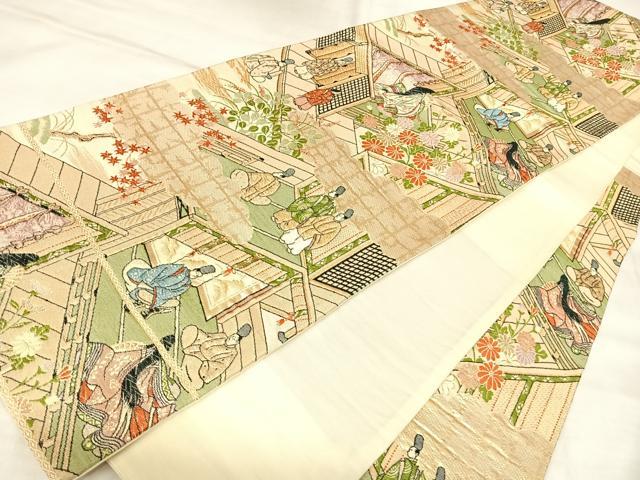 平和屋着物◎六通柄袋帯　人物風景文　金糸　正絹　逸品　AABL6076yx