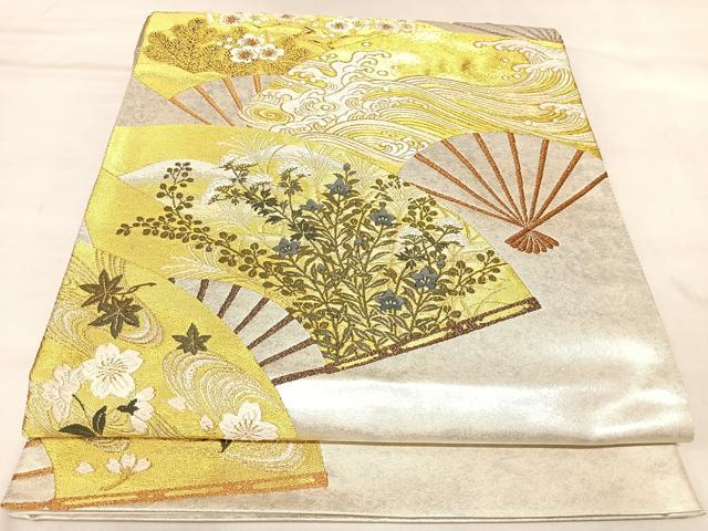 平和屋着物◎太鼓柄袋帯　唐織　扇面流水梅松花文　金銀糸　引箔　正絹　逸品　AABL6079yx
