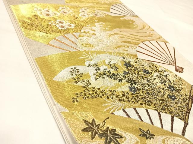 平和屋着物◎太鼓柄袋帯　唐織　扇面流水梅松花文　金銀糸　引箔　正絹　逸品　AABL6079yx