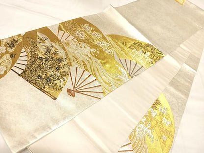 平和屋着物◎太鼓柄袋帯　唐織　扇面流水梅松花文　金銀糸　引箔　正絹　逸品　AABL6079yx