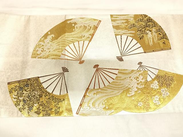 平和屋着物◎太鼓柄袋帯　唐織　扇面流水梅松花文　金銀糸　引箔　正絹　逸品　AABL6079yx