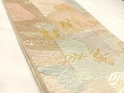 平和屋着物◎六通柄袋帯　明綴さざ波金錦　色紙重ね動物風景文　金銀糸　正絹　逸品　AABL6081yx