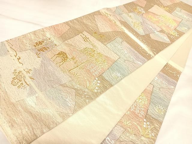 平和屋着物◎六通柄袋帯　明綴さざ波金錦　色紙重ね動物風景文　金銀糸　正絹　逸品　AABL6081yx