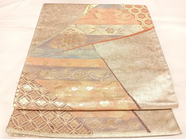平和屋着物◎六通柄袋帯　裂取横段文　金銀糸　正絹　逸品　AABL6083yx