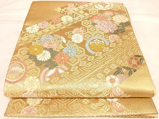 平和屋着物◎六通柄袋帯　唐織　亀甲草花文　金糸　正絹　逸品　AABL6084yx