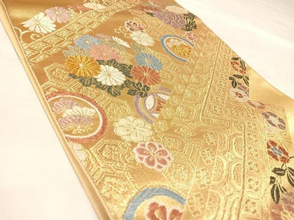 平和屋着物◎六通柄袋帯　唐織　亀甲草花文　金糸　正絹　逸品　AABL6084yx