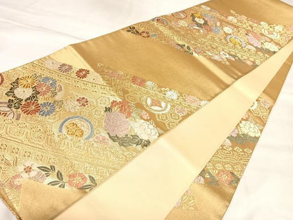 平和屋着物◎六通柄袋帯　唐織　亀甲草花文　金糸　正絹　逸品　AABL6084yx