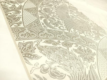 平和屋着物◎六通柄袋帯　孔雀花文　銀糸　正絹　逸品　AABL6085yx