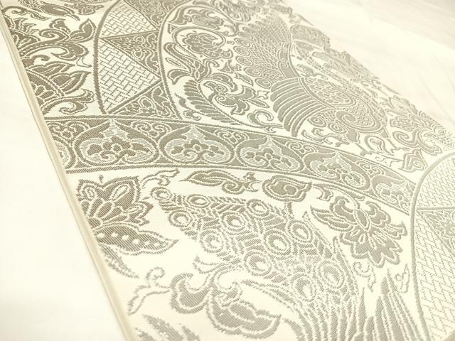 平和屋着物◎六通柄袋帯　孔雀花文　銀糸　正絹　逸品　AABL6085yx