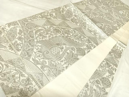 平和屋着物◎六通柄袋帯　孔雀花文　銀糸　正絹　逸品　AABL6085yx