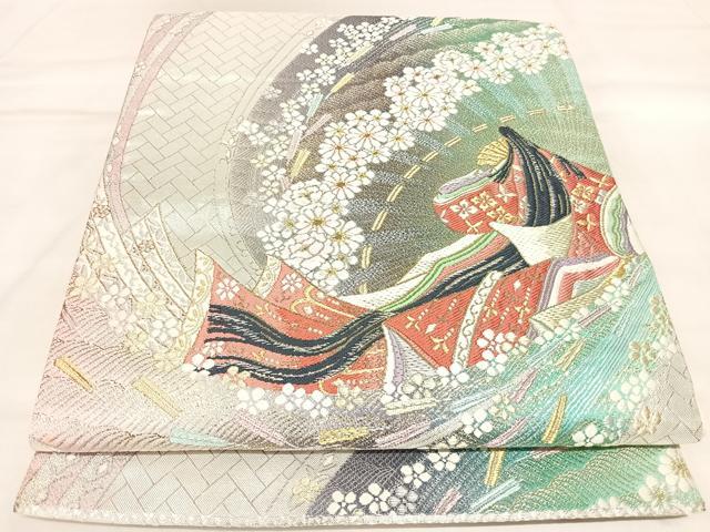 平和屋着物◎六通柄袋帯　唐織　立浪舞花女人文　金銀糸　正絹　逸品　AABL6092yx