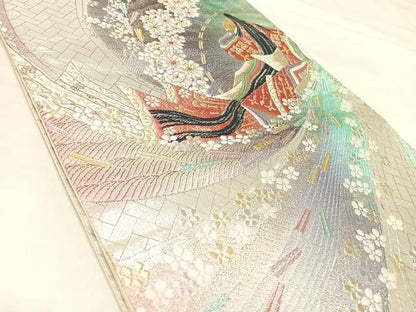 平和屋着物◎六通柄袋帯　唐織　立浪舞花女人文　金銀糸　正絹　逸品　AABL6092yx