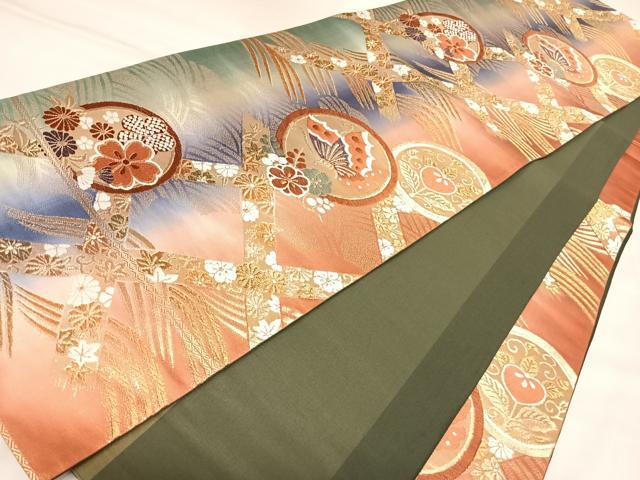 平和屋着物◎六通柄袋帯　唐織　立波天井花蝶丸文　金糸　正絹　逸品　AABL6093yx