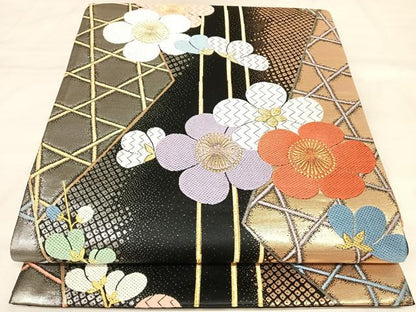 平和屋着物◎六通柄袋帯　唐織　舞花文　黒地　金銀糸　正絹　逸品　AABL6100yx