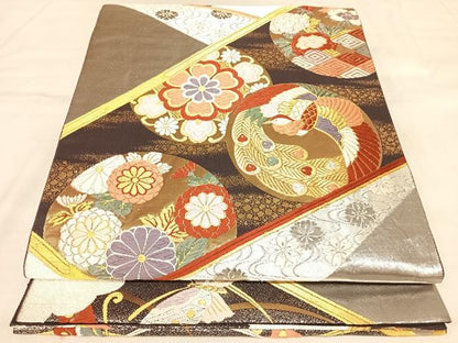 平和屋着物◎六通柄袋帯　唐織　裂取鳳凰花蝶丸文　金銀糸　正絹　逸品　AABL6101yx