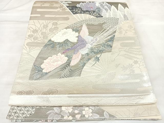 平和屋着物◎六通柄袋帯　唐織　エ霞流水扇面鳳凰草花文　銀糸　正絹　逸品　AABL6109yx
