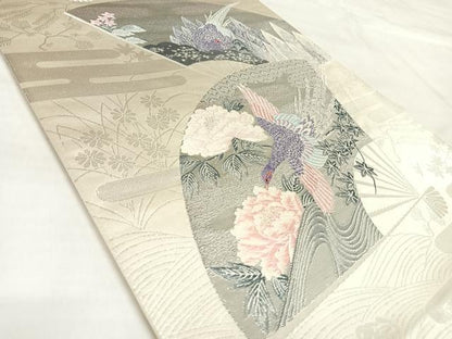 平和屋着物◎六通柄袋帯　唐織　エ霞流水扇面鳳凰草花文　銀糸　正絹　逸品　AABL6109yx