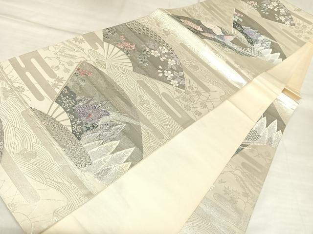 平和屋着物◎六通柄袋帯　唐織　エ霞流水扇面鳳凰草花文　銀糸　正絹　逸品　AABL6109yx