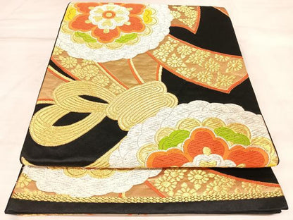 平和屋着物◎六通柄袋帯　唐織　束ね熨斗舞花文　黒地　金銀糸　正絹　逸品　AABL6110yx