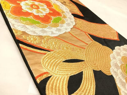 平和屋着物◎六通柄袋帯　唐織　束ね熨斗舞花文　黒地　金銀糸　正絹　逸品　AABL6110yx