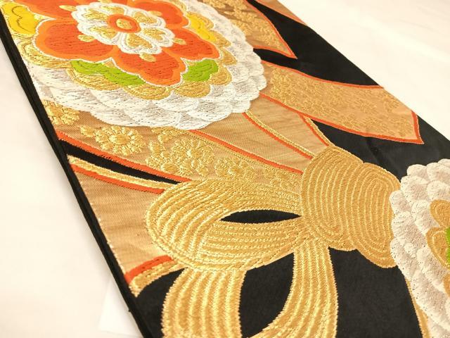 平和屋着物◎六通柄袋帯　唐織　束ね熨斗舞花文　黒地　金銀糸　正絹　逸品　AABL6110yx