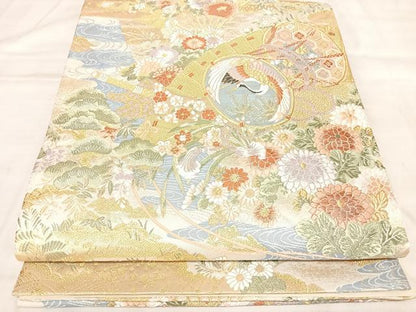 平和屋着物◎六通柄袋帯　唐織　流水飛鶴花鼓文　金糸　正絹　逸品　AABL6112yx