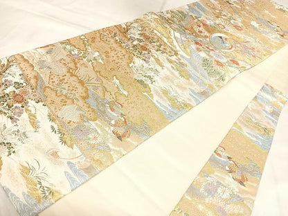 平和屋着物◎六通柄袋帯　唐織　流水飛鶴花鼓文　金糸　正絹　逸品　AABL6112yx
