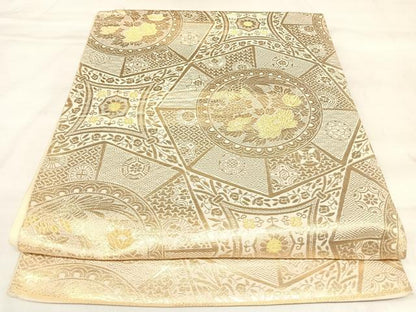平和屋着物◎六通柄袋帯　鳳凰花丸文　金糸　正絹　逸品　AABL6124yx