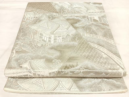 平和屋着物◎六通柄袋帯　裂取風景紋　ホワイトゴールド箔九百錦　正絹　逸品　AABL6131yx