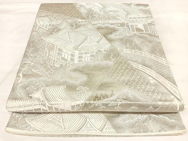 平和屋着物◎六通柄袋帯　裂取風景紋　ホワイトゴールド箔九百錦　正絹　逸品　AABL6131yx