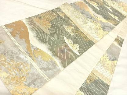 平和屋着物◎六通柄袋帯　遠山流水風景文　金銀糸　正絹　逸品　AABL6136yx